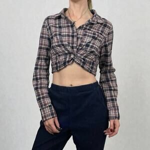 Blush BJ Navy Blue & Red Plaid Cropped Knot Front Button Down Shirt